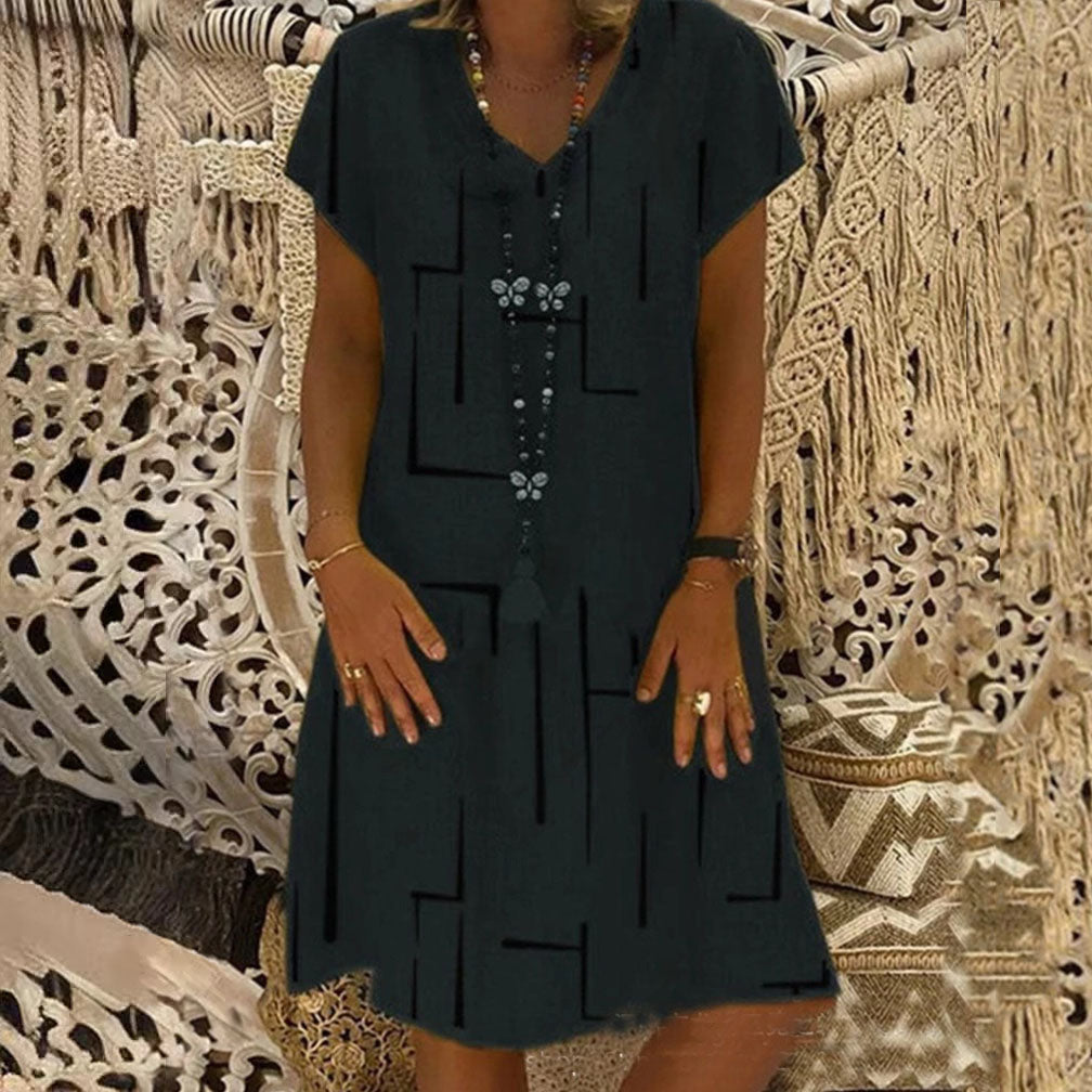 【45% OFF】【🏆 Kupte 1 a získáte 1 zdarma】👗【S-5XL】Potištěné bavlněné šaty s výstřihem do V