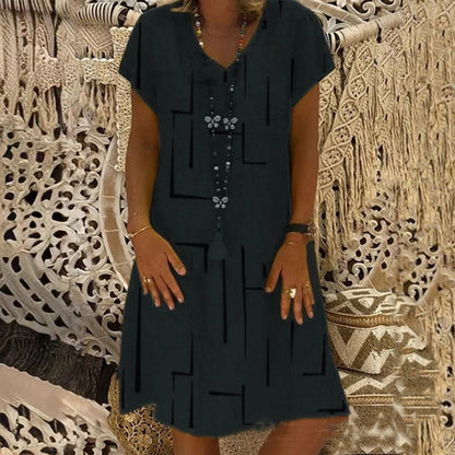 【45% OFF】【🏆 Kupte 1 a získáte 1 zdarma】👗【S-5XL】Potištěné bavlněné šaty s výstřihem do V