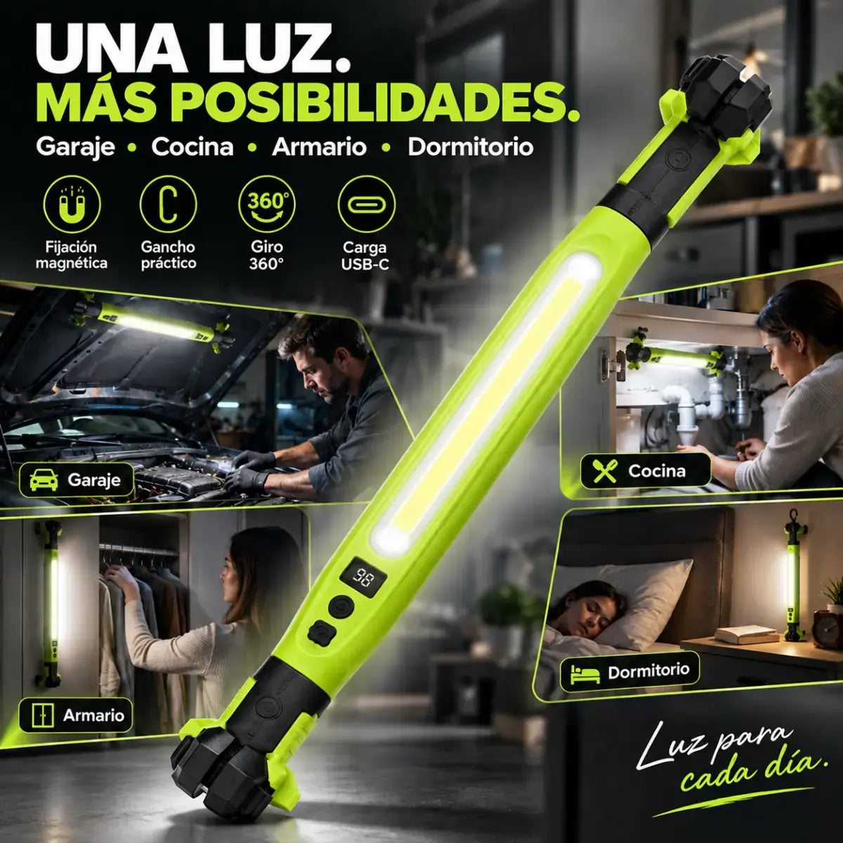 🔦✨ Luz de Trabajo LED COB Recargable por USB | Base Magnética con Batería | Luz Blanca y Amarilla para Reparación de Autos y Taller 🚗
