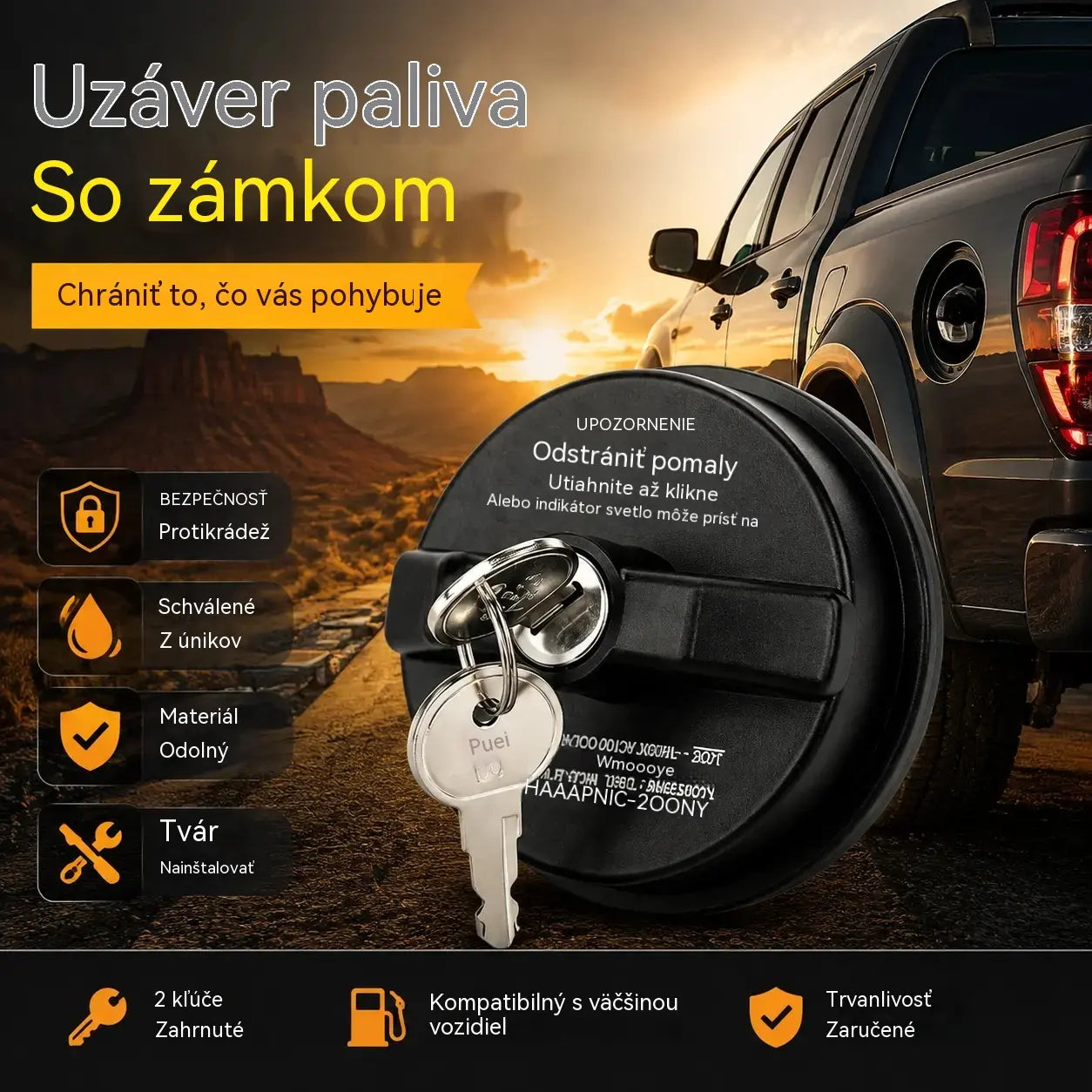 🚗🔒Odolný, uzamykatelný (klíčem) uzávěr palivové nádrže