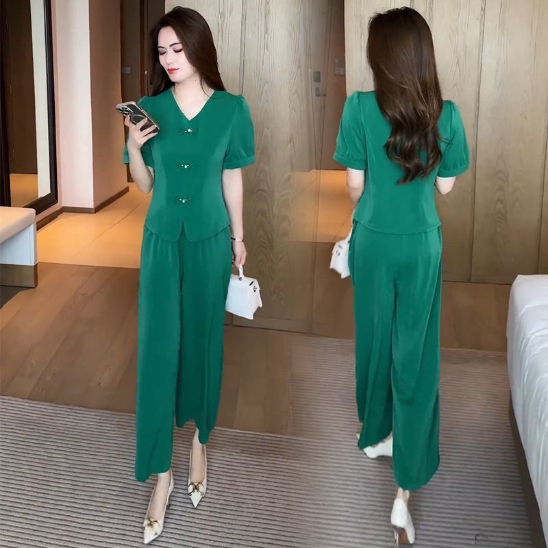 🌸【M-5XL】【Top + kalhoty se širokými kalhotami】Módní oblek z ledového hedvábí