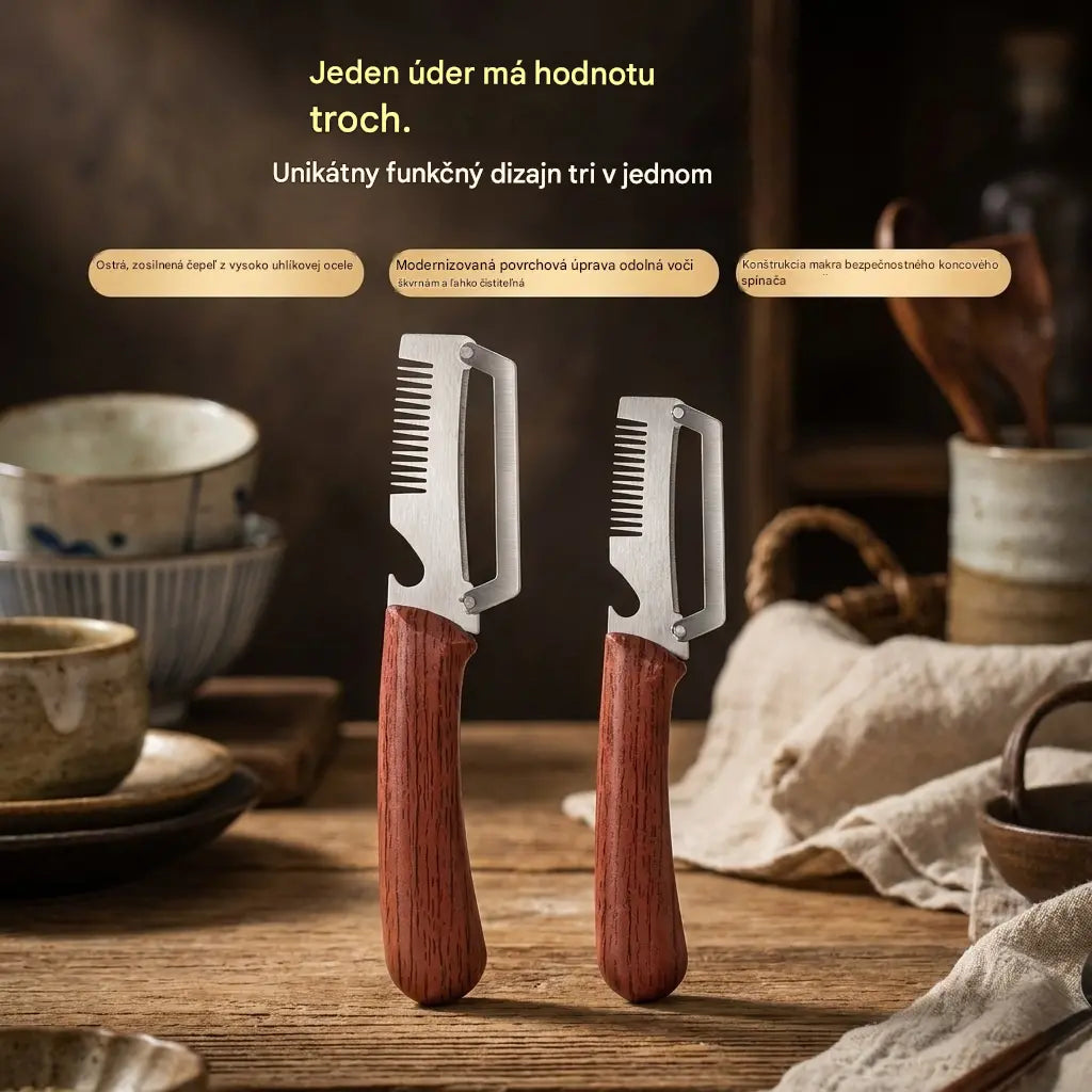 ✅Kupte 1 a získejte 1 zdarma (celkem dva kusy)🧅🔪 Multifunkční kuchyňská škrabka 3 v 1: Loupe, seká a otevírá láhve! 🔥