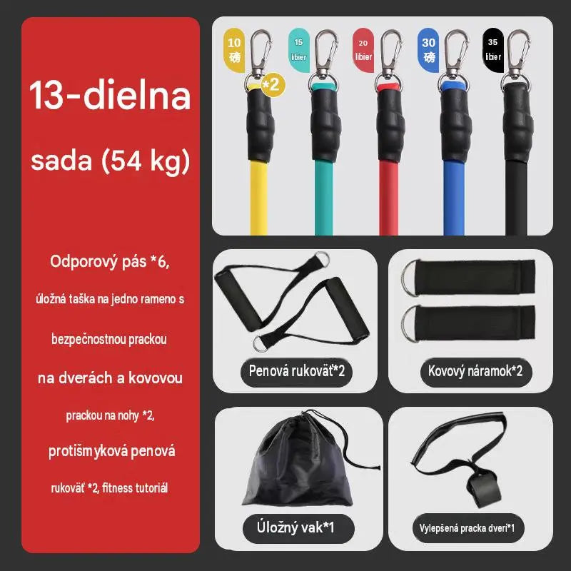 💪13-dílná sada odporových pásů s rukojetí do domácí posilovny