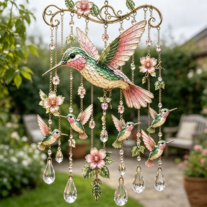 🐦 Křišťálové zvonkohry ozdobené kolibříky a malovanými vzory ve vintage stylu