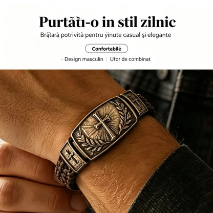 Pánský pletený kožený náramek s křížem a olivovým věncem, vintage starožitný kov, speciální dárek