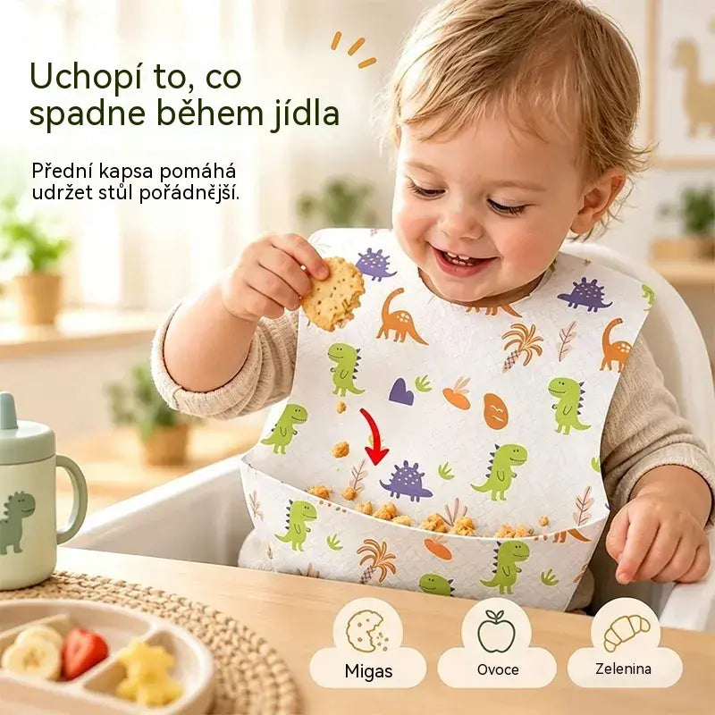 🛡️【30 kusů】Pouze 660 Kč👶 Jednorázový dětský bryndák s nepropustnou 3D kapsou – tenký, voděodolný a praktický pro každodenní použití 🍽️