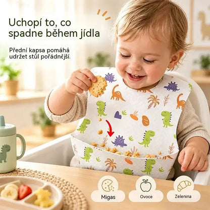 🛡️【30 kusů】Pouze 660 Kč👶 Jednorázový dětský bryndák s nepropustnou 3D kapsou – tenký, voděodolný a praktický pro každodenní použití 🍽️