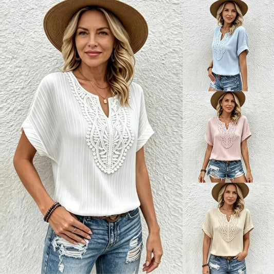 [S-2XL]Elegantní letní halenka s krajkovou výšivkou a výstřihem do V – měkký skládaný materiál, vysoce prodyšný a příjemný na dotek