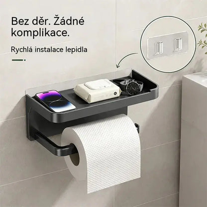 Nástěnný držák toaletního papíru s příslušenstvím, robustní základna, moderní koupelnová polička, snadná instalace, pojme mobilní telefony a další předměty.