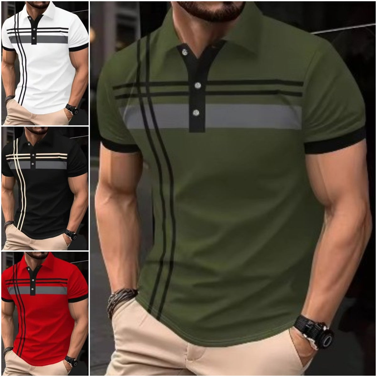 👕 50% sleva ✨ Pánské pruhované tričko - s límečkem a krátkým rukávem - lehké a prodyšné