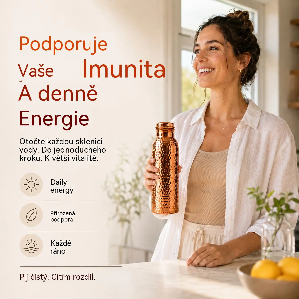 Prémiová láhev na pití vyrobená ze 100% masivní mědi – bez plastu a inspirovaná ajurvédou