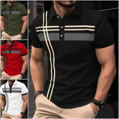 👕 50% sleva ✨ Pánské pruhované tričko - s límečkem a krátkým rukávem - lehké a prodyšné