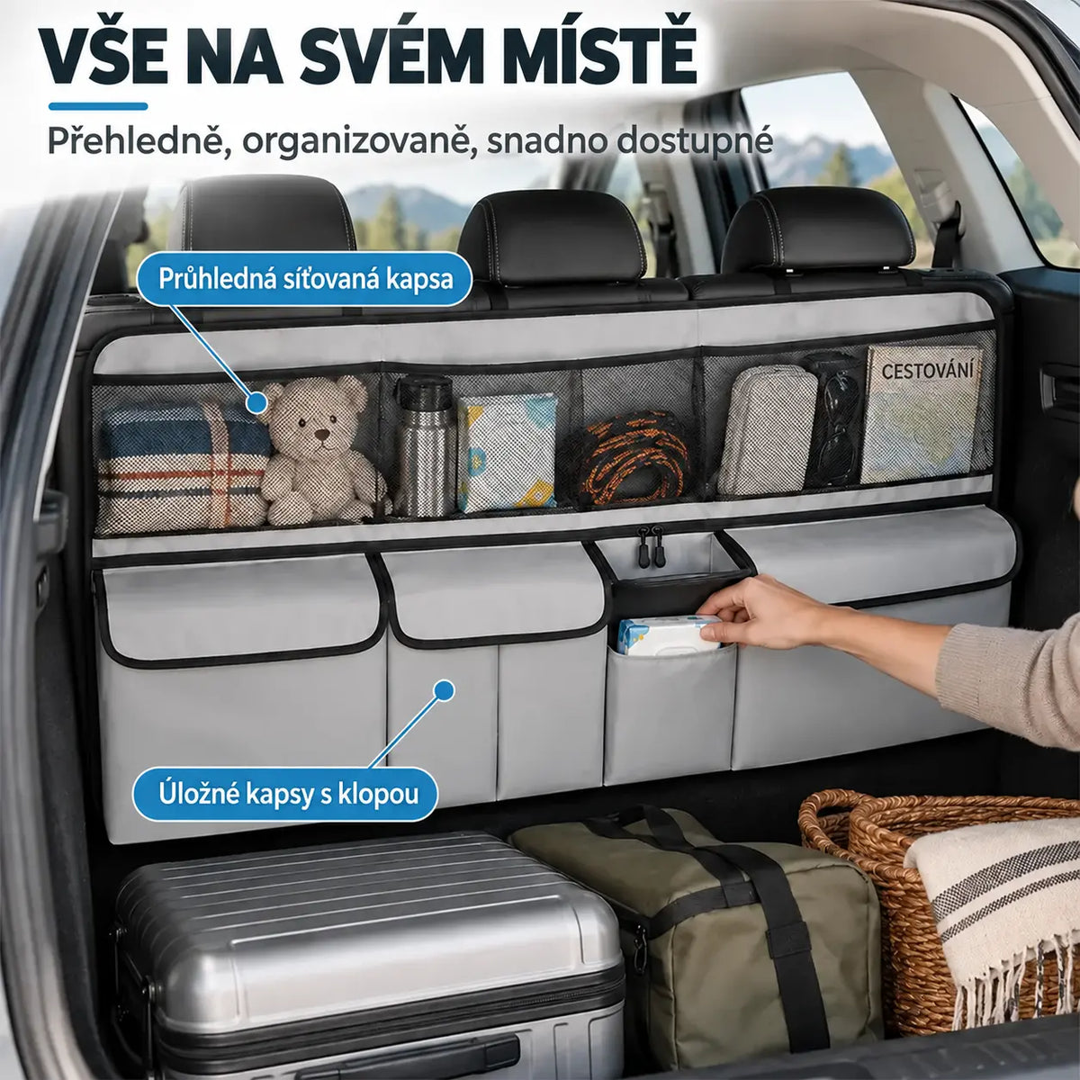 🚗📦 Závěsný organizér do kufru auta – rozměry 105 x 51 cm, uvolní podlahu kufru, kompatibilní s SUV a rodinnými auty, barvy černá a šedá.