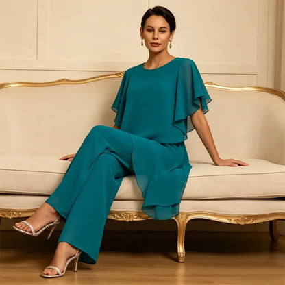 Elegantní šifonový set: Asymetrický top s volánky a kalhoty s širokými nohavicemi – Sofistikovaný outfit na společenské události, velikost S-3XL