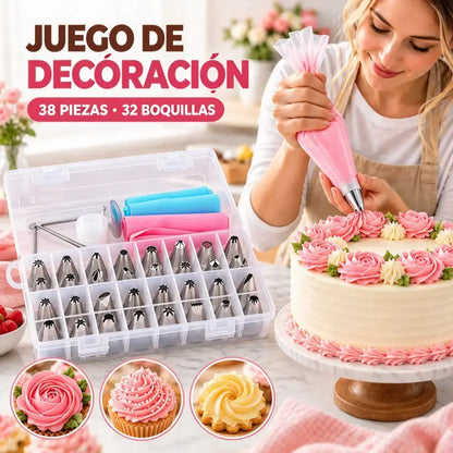 🎂✨ Sada na zdobení dortů s 38 díly, 32 trysek z nerezové oceli se 2 silikonovými zdobicími sáčky a organizérem 🧁