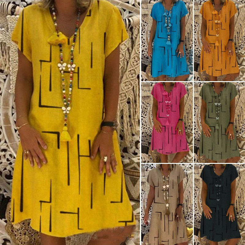 【45% OFF】👗【S-5XL】Potištěné bavlněné šaty s výstřihem do V