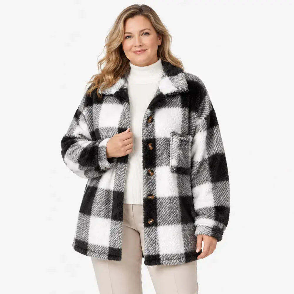🧥【S–5XL】Dámský kostkovaný plyšový kabát z umělé srsti, volný střih, teplý kabát na podzim a zimu