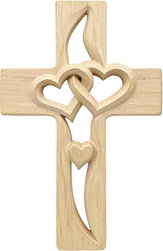 ✨✝️Ručně vyřezávaný dřevěný kříž ve tvaru srdce na zeď