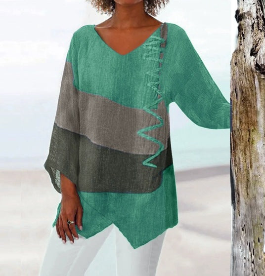 ⏳ Poslední den – sleva 50 % 😍【S~5XL】Dámský elegantní ležérní top s výstřihem do V a dlouhým rukávem, uměleckým vzorem a potiskem