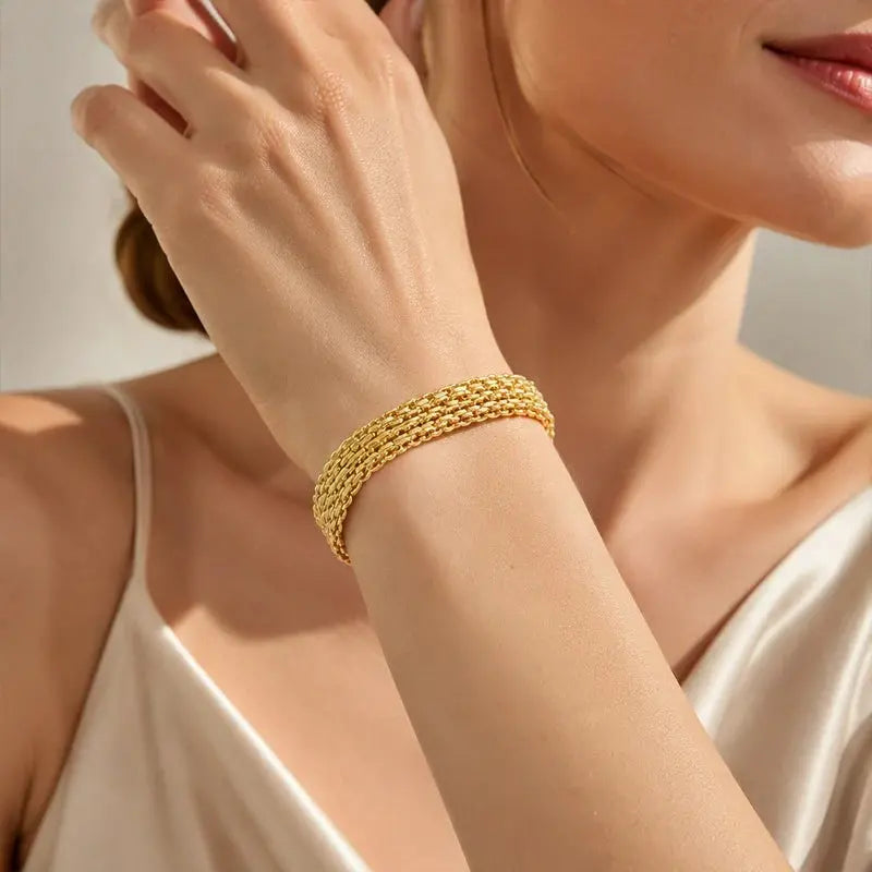 ✨ Využijte nyní 50% slevu! 💛 Široký tkaný síťovaný náramek: robustní články, elegantní a třpytivý 🎀